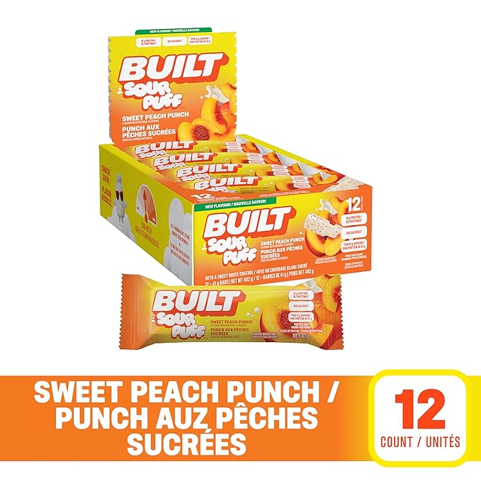 BUILT Bar Sour Puff Protein Bars - Sweet Peach Punch - 16g Protein Snack Bars with Collagen - Calorie Conscious &amp Gluten Free - 12 Count