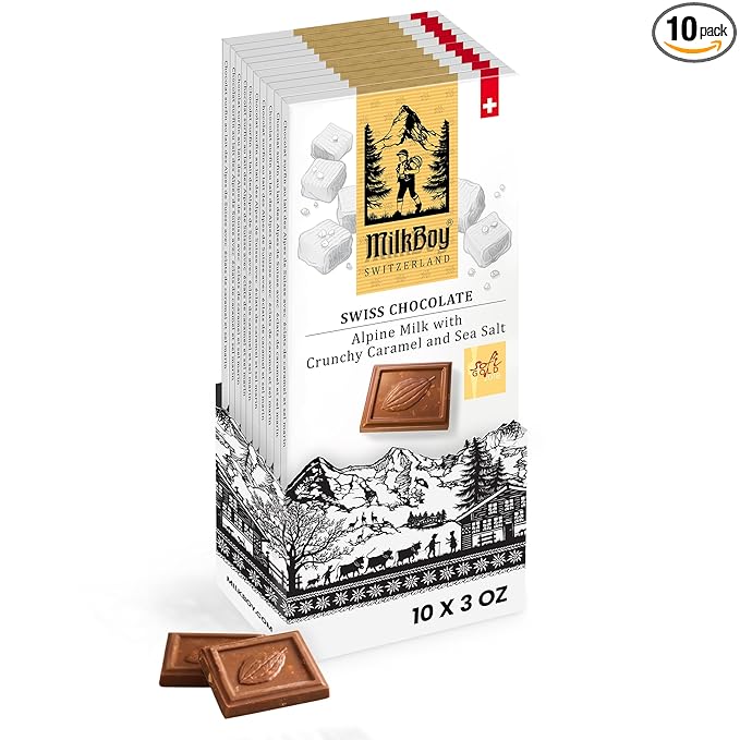 Milkboy Swiss Chocolates Milk Chocolates - Alpine Milk Chocolate Bars with Crunchy Caramel Sea Salt - Gluten-Free Non-GMO All Natural - Made in Switzerland - 3 oz Pack 10