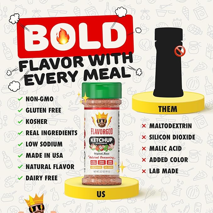 Flavor God 2 Bottles Ketchup Seasoning Mix Natural Healthy Spice Blend For Grilling Chicken Beef Seafood Vegetables Salad Tacos Pizza &amp Burgers Kosher Gluten &amp Dairy Free Vegan Keto F