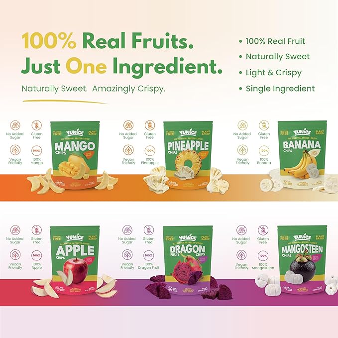 Yunice Freeze-Dried Fruit 100% Natural Gluten Free No Added Sugar healthy snacks for adults BANANA MANGO PINEAPPLE MANGOSTEEN APPLE &amp DRAGON FRUIT Variety Pack 0.53 Ounce (Pack of 12)