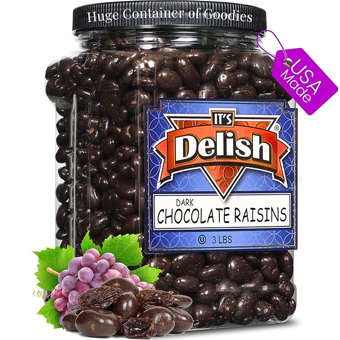 Gourmet Dark Chocolate Covered Raisins by It's Delish 3 LBS Jumbo Container | Dark Chocolate Raisins Candy Snack for Parties or Holiday Events and Healthy Snacking | USA Made Vegan Kosher