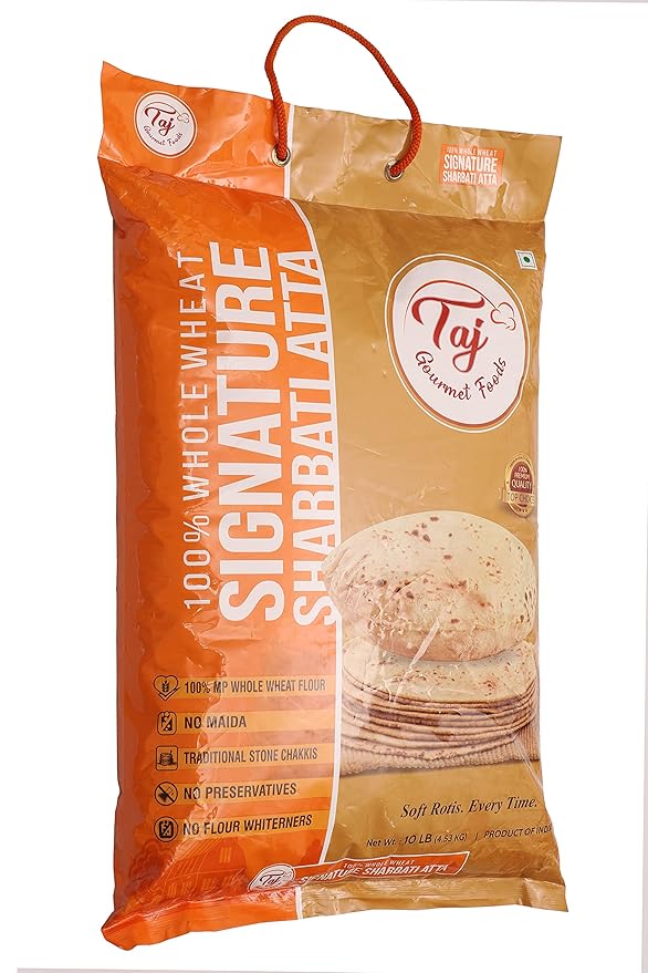 TAJ Signature Sharbati Atta 10lbs (Chakki Atta - Stone Ground) 100% Whole Wheat Flour Chappati Flour