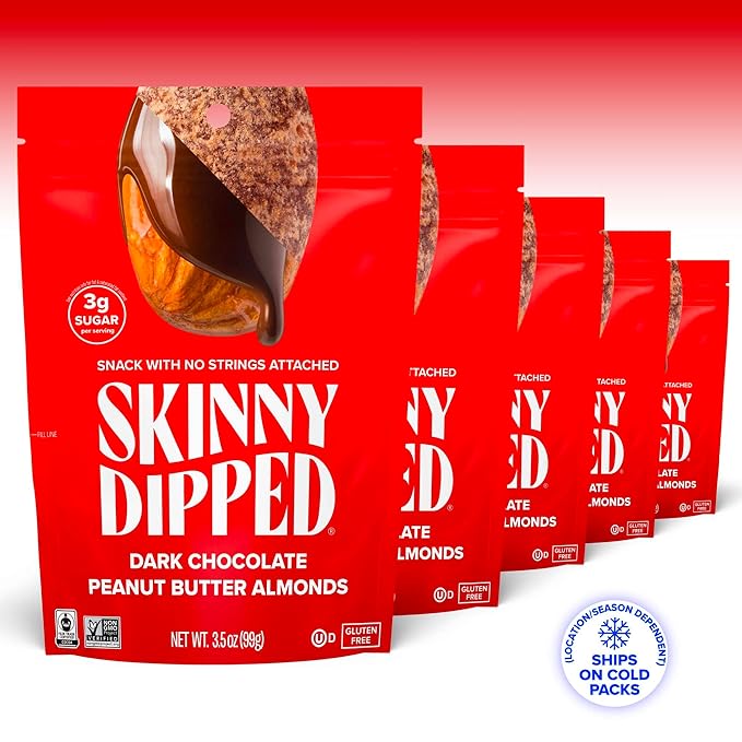 SkinnyDipped Dark Chocolate Peanut Butter Almonds Healthy Snack Plant Protein Gluten Free 3.5 oz Resealable Bags (Pack of 5)