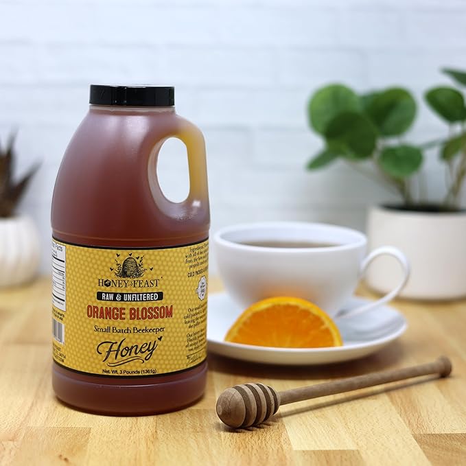 HONEY FEAST Raw Orange Blossom Honey 3 Pounds (Pack of 4) Unfiltered &amp Pure – Fresh Florida Superfood from American Organic Floral Sources