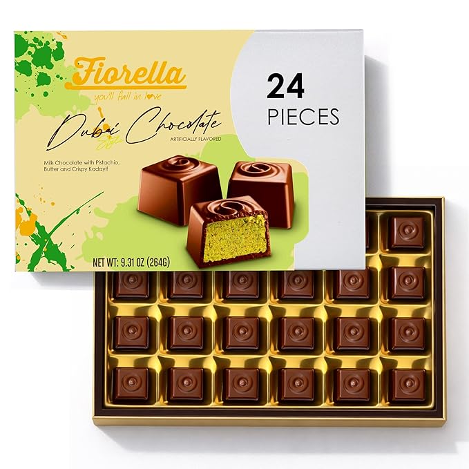 Fiorella Dubai Style Milk Chocolate Pistachio Squares Filled Chocolate With Pistachio Butter &amp Crispy Kadayif Individually Wrapped Chocolate Pieces 24 Count Box
