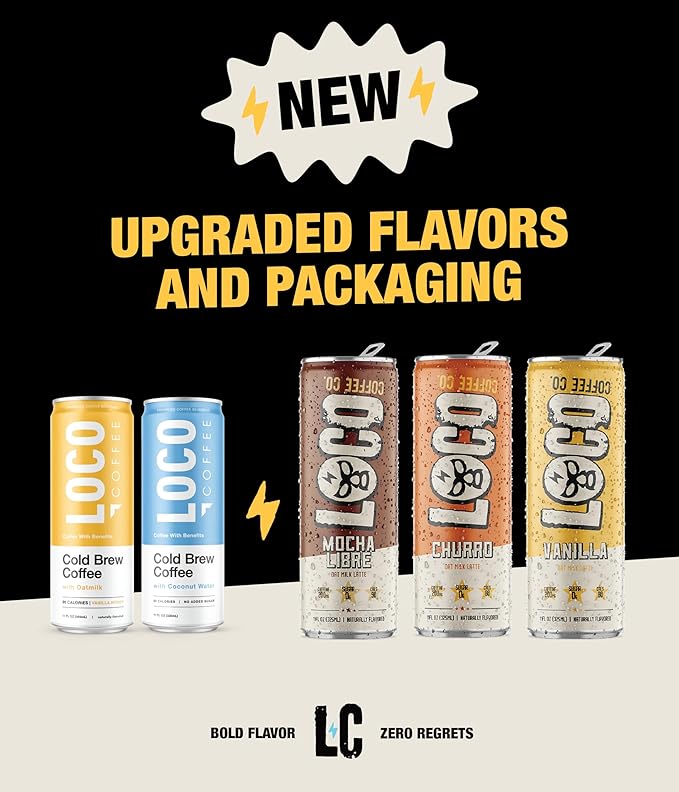 Loco Coffee Vanilla Latte 11 Ounce Can 12 Count | Zero Sugar 200mg Caffeine | Gluten Free and Dairy Free | Low Calorie Iced Coffee