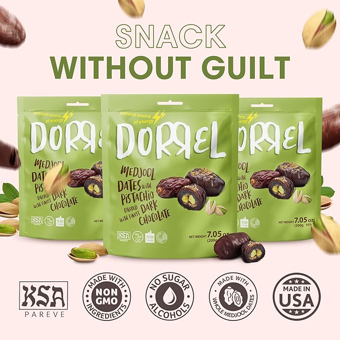DORREL - Belgian Dark Chocolate Covered Dates (Medjool) with Pistachio Stuffing High Energy Vegan Choco Snack Delicious Kosher &amp Non-GMO Pack of 3 Stuffed Chocolate Dates 7.05 oz / 200 g Ea