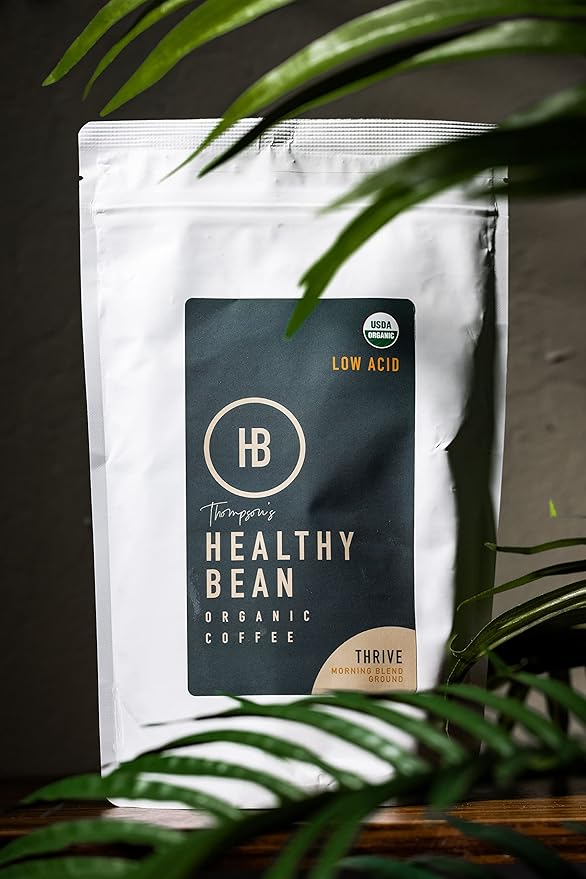 Healthy Bean Organic Ground Coffee Thrive Morning Blend - Low Acid Coffee Grounds for Sensitive Stomach - Medium Roast Blend USDA Organic High Antioxidants Smooth and Rich Flavor 11oz