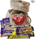 Cadbury Selection of 10 Full Size British Chocolate Bars in Burlap Bag with handmade Sequin Heart