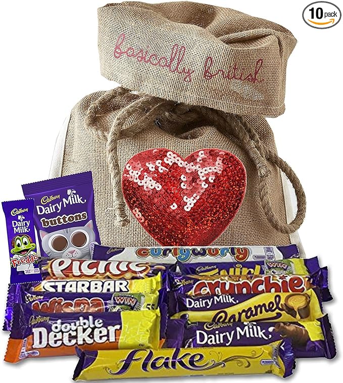 Cadbury Selection of 10 Full Size British Chocolate Bars in Burlap Bag with handmade Sequin Heart
