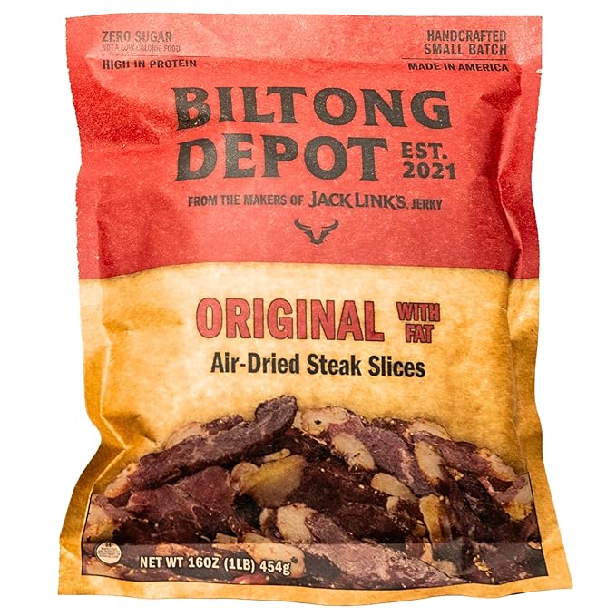 Biltong Depot Original Beef Biltong Slices with Fat – 1lb (16oz) | Air-Dried Beef Jerky Snack | High Protein | Zero Sugar | Keto &amp Paleo Friendly | Gluten Free | No Artificial Preservatives | No M