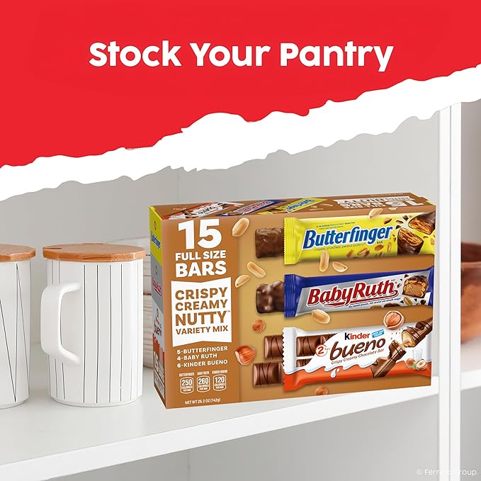 Butterfinger Baby Ruth Kinder Bueno Assorted Crispy Creamy Nutty Variety Mix 15 Count Full Size Candy Bars 26.2 oz