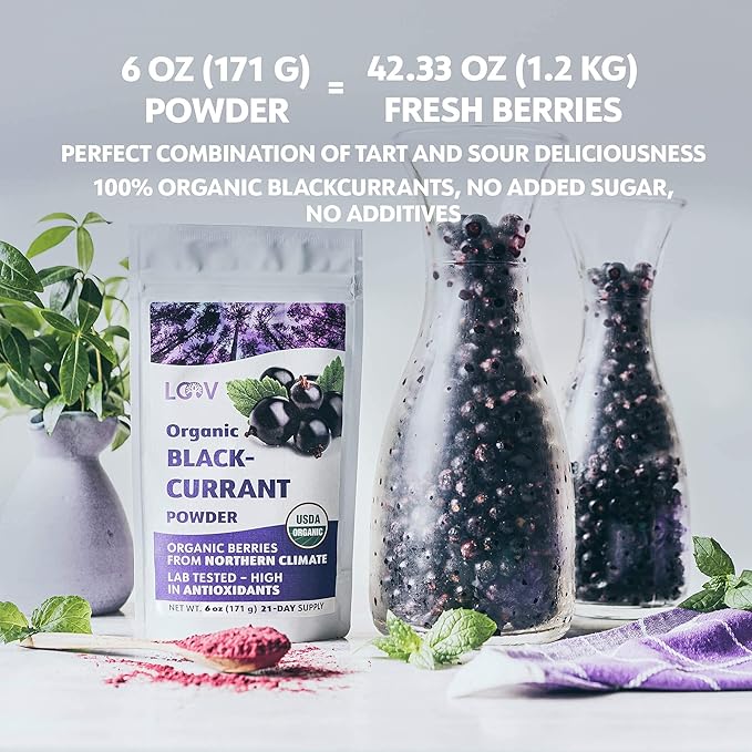 LOOV Blackcurrant Powder Organic Made from 100% Whole Blackcurrants Freeze Dried and Powdered Organic Blackcurrants 6 Ounces 23-Day Supply Grown in Northern Europe no Added Sugar