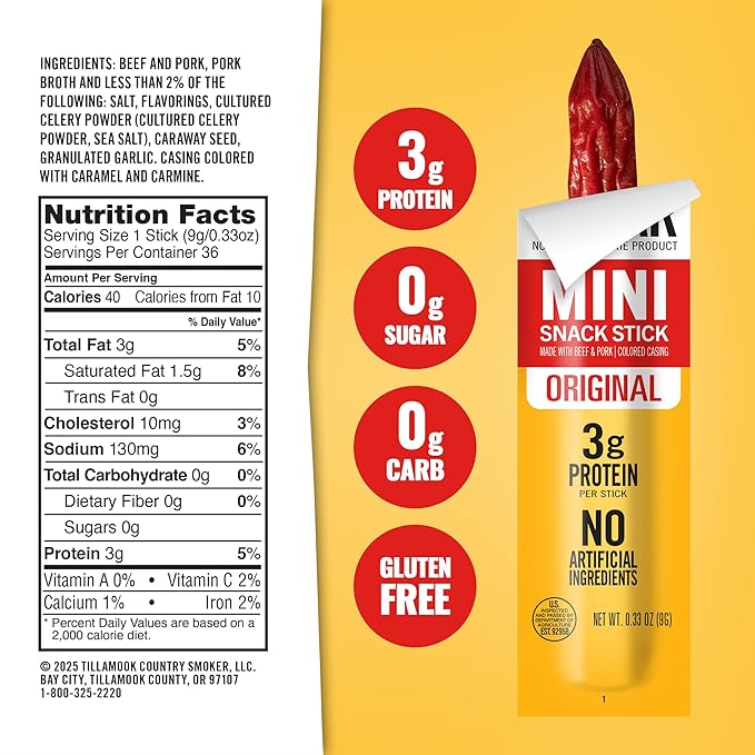 Tillamook Country Smoker Zero Sugar Original Mini Smoked Sausages 0.33 oz 48 Ct Individually Wrapped Beef Sticks for Afternoon Snacks Lunchboxes Travel Real Hardwood Smoked