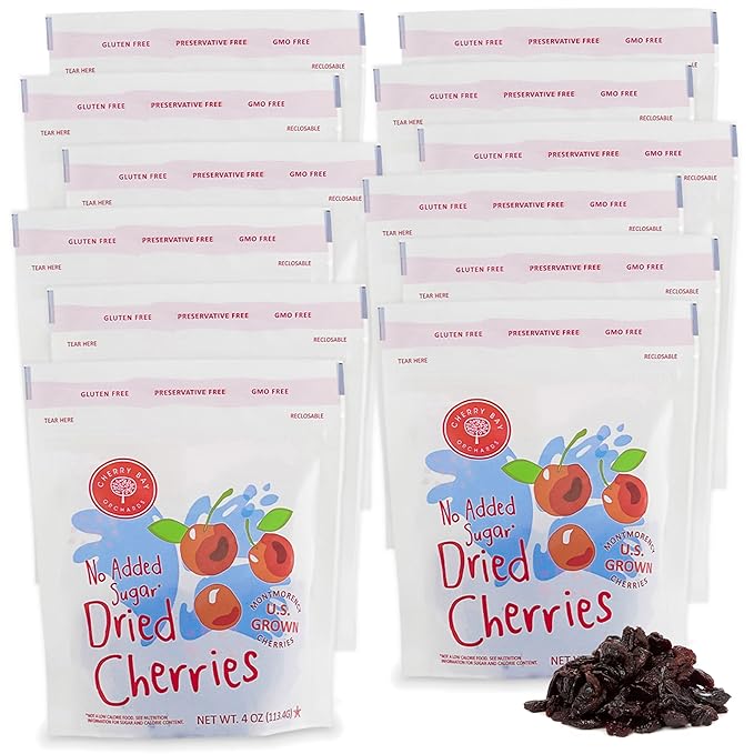 Cherry Bay Orchards Unsweetened Dried Tart Cherries (12 Pack 4 oz Bags 48 oz Total) - No Added Sugar 100% Domestic All Natural Kosher Certified Gluten Free GMO Free - Packed in Resealable Pouch