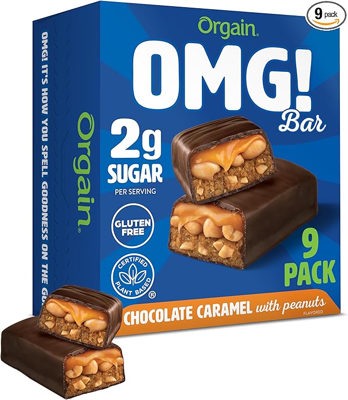 Orgain OMG! Bar Snack Bar with Chocolate Caramel and Peanuts Plant-Based Vegan Gluten Free No Artificial Sweeteners (9 Count)