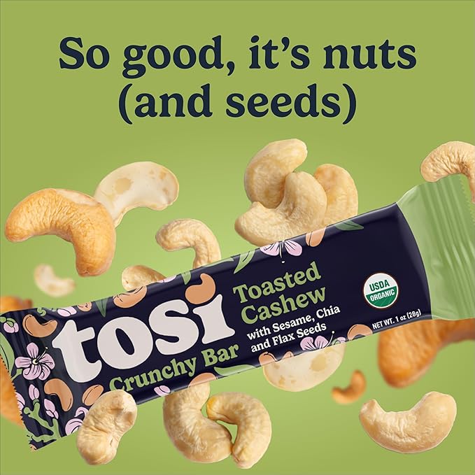 Tosi Nut Bars Cashew Healthy Snacks for Adults &amp Kids Plant Based Crunchy Bars (6G Protein) Organic Keto Snacks Vegan Gluten &amp Soy Free Low Sugar Omega 3s 1oz 12-Pack