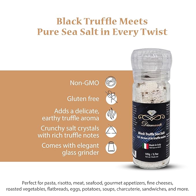 Diamante Italy Black Truffle Sea Salt with Glass Grinder - Gourmet Truffle Salt Seasoning - Specialty Seasoning - Non GMO &amp Made in Italy - 105g
