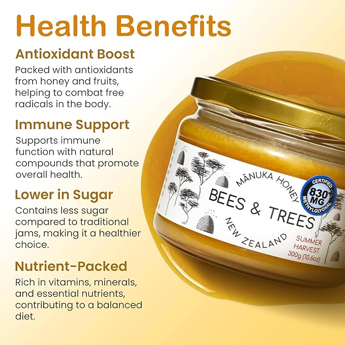 Bees &amp Trees Manuka Honey 830+ MGO - Raw Pure New Zealand Monofloral Honey – Unpasteurized &amp Natural Unfiltered Manuka for Tea Coffee Dressings Smoothies &amp Daily Use – Glass Jar 300g (
