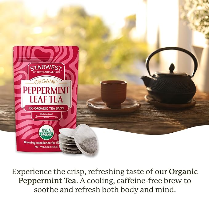 Starwest Botanicals Organic Peppermint Leaf Tea - Caffeine Free Herbal Tea Supports Digestion USDA Organic Peppermint Leaf String Free Sachets Non GMO - Bulk Pack 100 Tea Bags