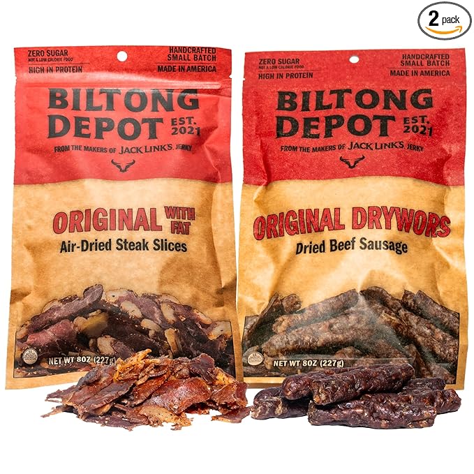 Biltong Depot Biltong + Drywors Bundle - 8oz (2 Pack) | Original Air-Dried Beef Slices with Fat &amp Snack Sticks | High Protein | Jerky Alternative | Zero Sugar | Keto &amp Paleo Friendly | Gluten
