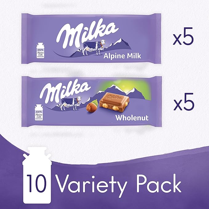 Milka European Chocolate Bars Variety Pack Alpine Milk Chocolate &amp Wholenut Hazelnut Chocolate 10 - 3.52 oz Bars