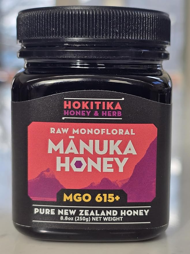 Hokitika Honey &amp Herb Raw Manuka Honey MGO 615+ from New Zealand. 100% Pure High Strength Medical Grade Non-GMO Monofloral Manuka flower honey. 8.8oz (250g)