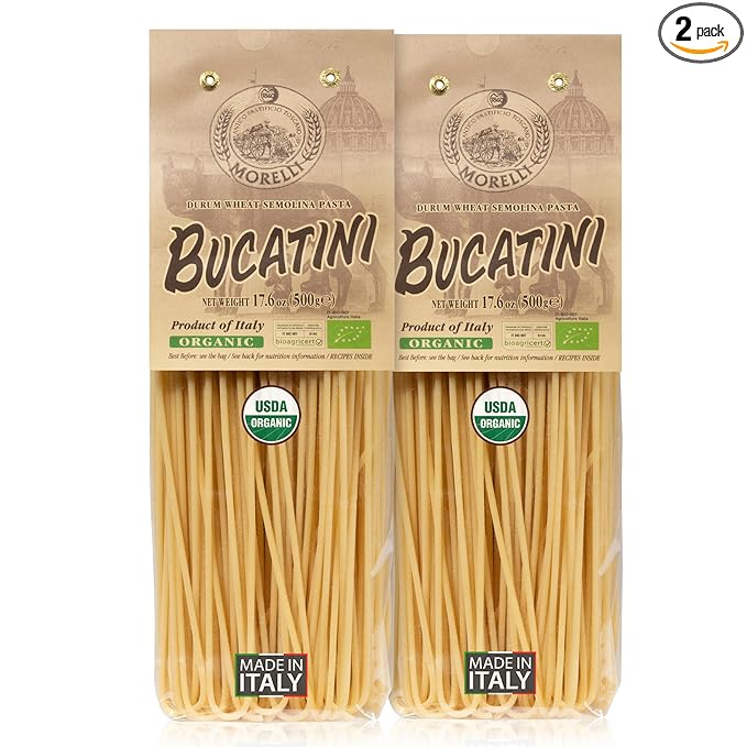 Morelli Bucatini Pasta Noodles - Premium Organic Italian Pasta from Italy - Handcrafted Family Owned Gourmet Brand - Made With Durum Wheat Semolina 17.6 oz (500 g) - Pack of 2