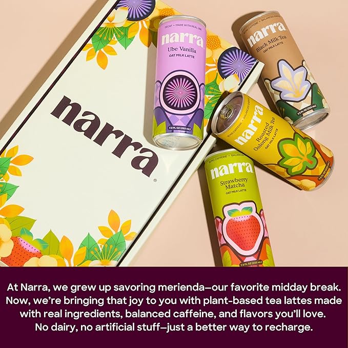 Narra Oat Milk Tea Latte (12 Pack) - Roasted Oolong Tea Hojicha Smooth Balanced Energy from Tea (50–60mg Caffeine + L-Theanine) Organic Oat Milk MCT Oil Dairy Free No Refined Sugar Non-GMO