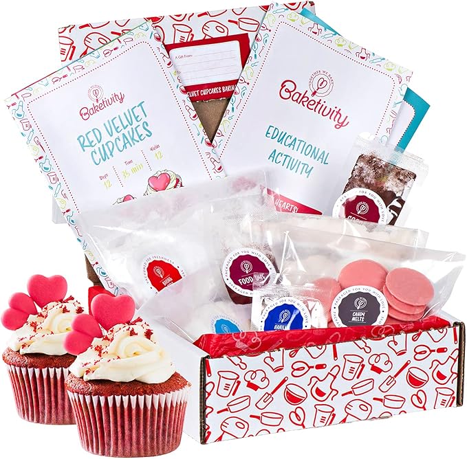 Baketivity Kids Baking Set Meal Cooking Party Supply Kit for Teens Real Fun Little Junior Chef Essential Kitchen Lessons Includes Pre-Measured Ingredients (Baketivity Kit Red Velvet)