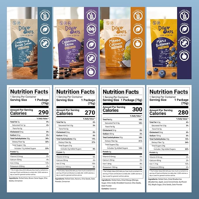 Dozy Oats Overnight Oatmeal Packets Sampler Box with Rolled Oats Chia Seeds Date Powder and Dried Fruit. Gluten-Free Natural Source of Protein and Fiber 16-Pack