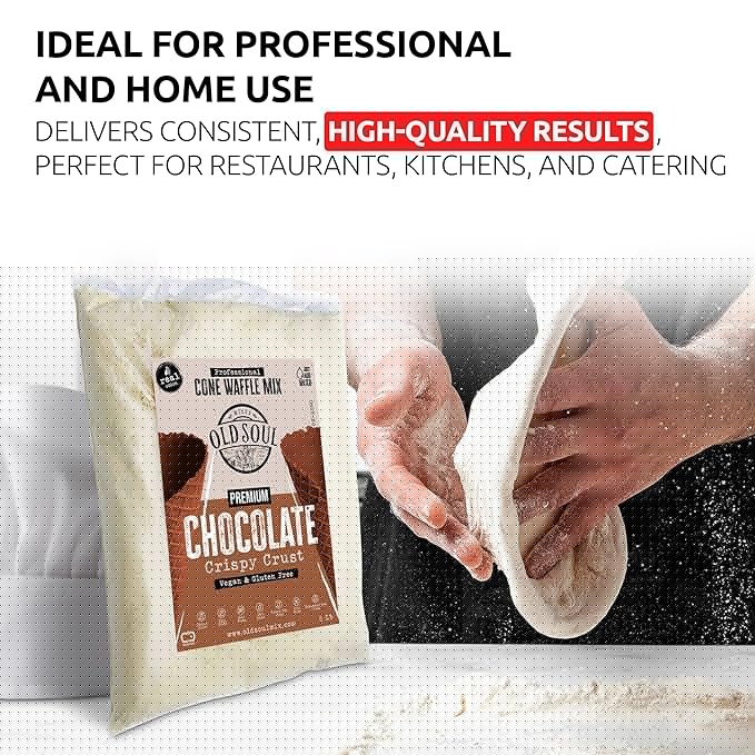 OLDSOUL Professional Cone Waffle Mix | GLUTEN FREE &amp VEGAN | 30 Lbs | Chocolate Flavor | Batter Mix | 672 Cone Waffles (30 Lbs Gluten Free &amp Vegan)