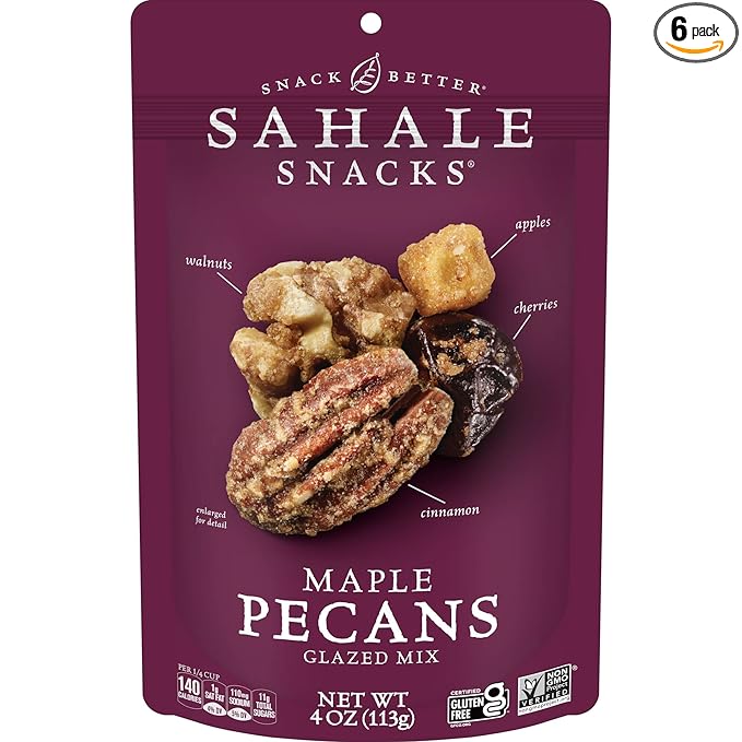 Sahale Snacks Maple Pecans Glazed Mix 4 oz Pouches (6 Packs) Dry-Roasted Deluxe Mixed Nuts with Cherries Apples Maple and Cinnamon - Non-GMO Kosher and Certified Gluten-Free Snacks
