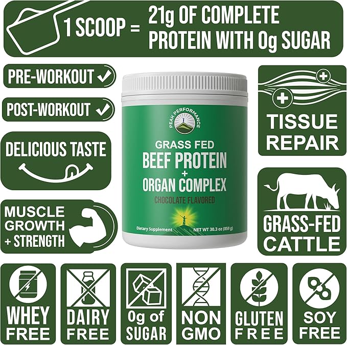 Grass Fed Beef Protein Powder + Organ Complex - Lactose Free Great Tasting Beef Protein Isolate - Animal Based Non Dairy No Whey Paleo Carnivore Supplement for Muscle Building - Chocolate Flavor