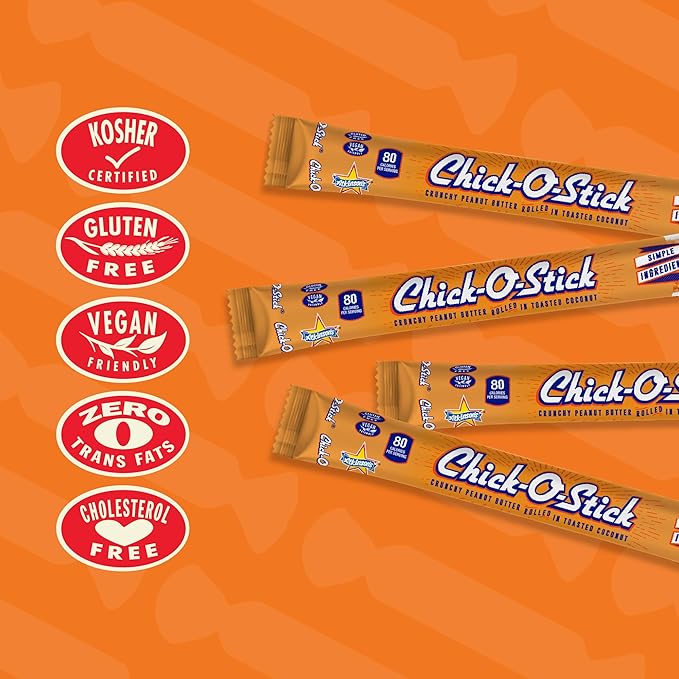 Atkinson's Chick-O-Stick - Crunchy Peanut Butter Rolled in Toasted Coconut - Gluten Free Kosher Vegan No Artificial Ingredients - 0.7 oz. Candy Bar - 36 Count