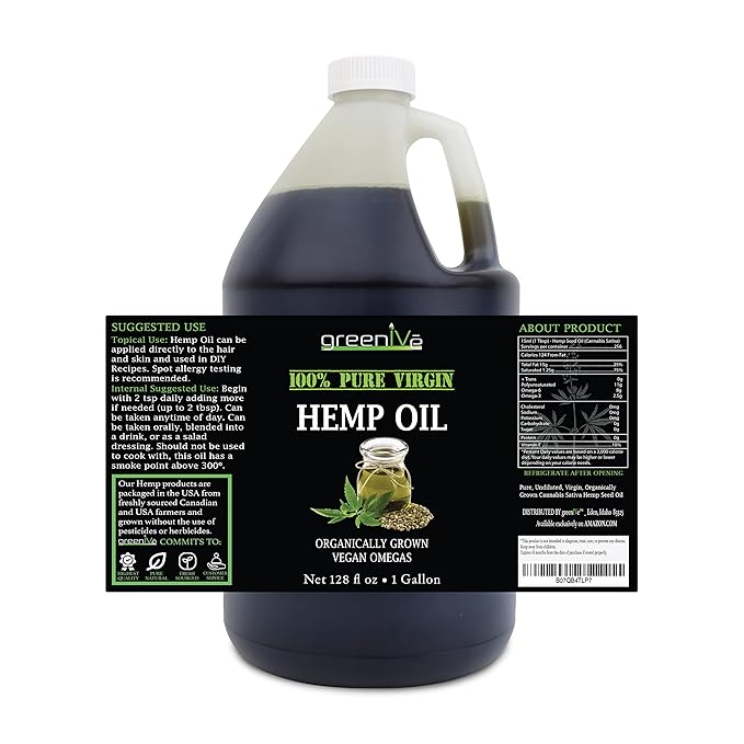 GreenIVe Hemp Oil 128oz Bottle (1 Gallon) Natural Hemp Seed Oil Cold-Pressed Vegan Non-GMO Bottled in USA