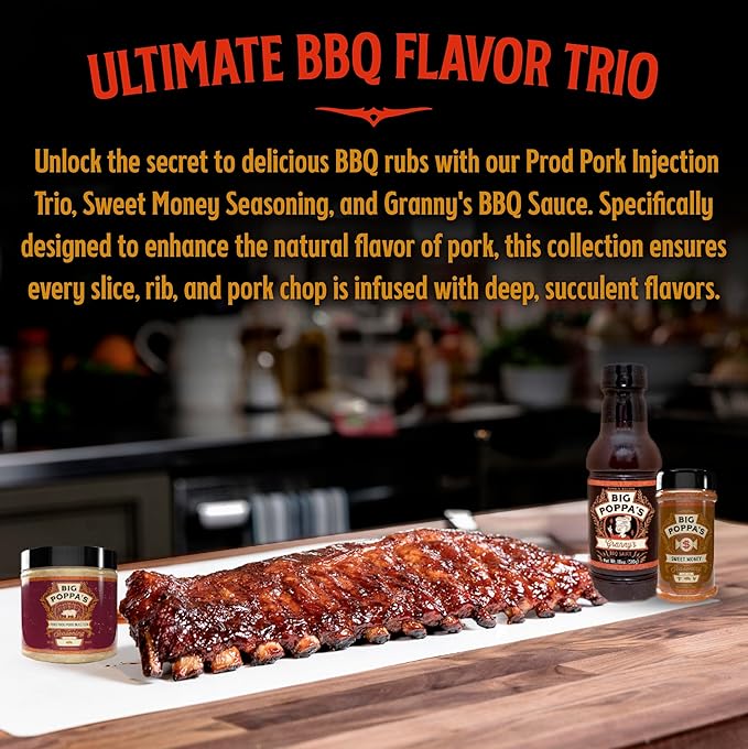 Big Poppa’s Pork BBQ Bundle Flavor System – Pork Injection Sweet Rub and Classic BBQ Sauce Kit for Ribs Pork Butt and Brisket – Balanced Pitmaster-Style Results for Home Smokers – 3-Pack Bundle