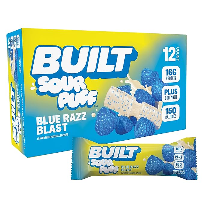 BUILT Bar Sour Puff Protein Bars - Blue Razz Blast - 16g Protein Snack Bars with Collagen - Calorie Conscious &amp Gluten Free - 12 Count