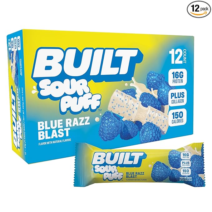 BUILT Bar Sour Puff Protein Bars - Blue Razz Blast - 16g Protein Snack Bars with Collagen - Calorie Conscious &amp Gluten Free - 12 Count