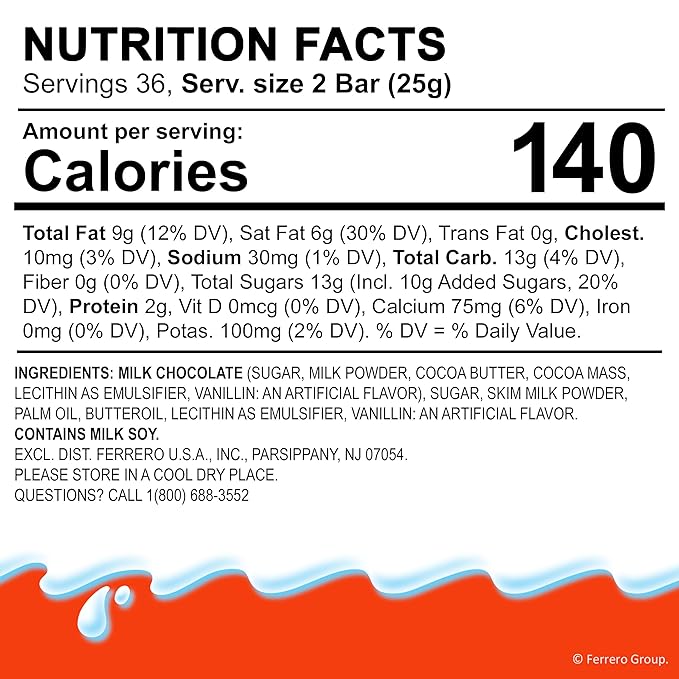 Kinder Chocolate 18 Four Count Packs Milk Chocolate Bar with Creamy Milky Filling Individually Wrapped Candy 1.8 oz Each