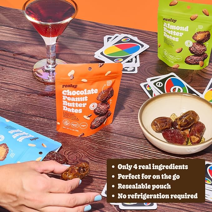 Realsy Pitted &amp Stuffed Medjool Dates Organic Dates with No Sugar Added Gluten-Free Vegan Good Source of Fiber Low Glycemic Index All Natural Healthy Snack (Variety 6 Pack)