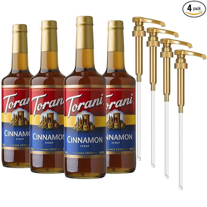 Torani Coffee Syrup Cinnamon Flavored Syrup for Drinks Glass Bottle 4-Pack Pumps Included 25.4 Fl Oz