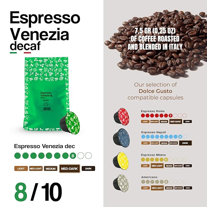 Dongiò Caffè Espresso Venezia (Decaf) - 100 Count of Single-Serve Coffee pods (5 Boxes of 20 capsules each) Compatible with Nescafé Dolce Gusto System Medium-Dark Roast CO₂ Naturally Decaffeinated