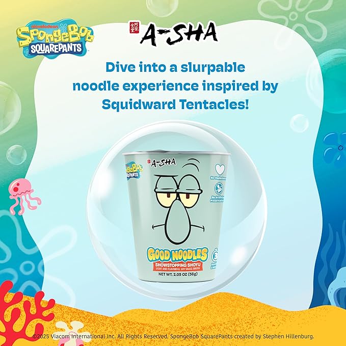 A-Sha &amp SpongeBob Squarepants Good Noodles (6 Pack) | Squidward Showstopping Shoyu Flavor | Better For You Microwaveable Ramen Soup Mix