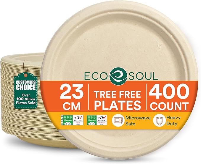ECO SOUL 9 Inch Compostable Disposable Paper Plates [400 Pack] Food Safe 100% Virgin Bagasse Pulp Heavy Duty Biodegradable Microwave Safe Large Round Dinner Plate for Party Picnic &amp BBQ (Brown)