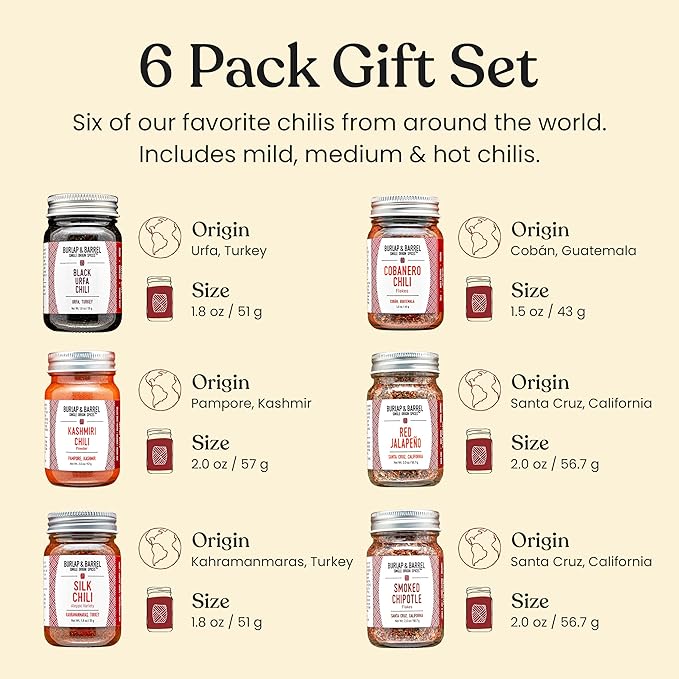 Burlap &amp Barrel Chili 6-Pack Gift Set- As Seen on Shark Tank! 6 of Our Favorite Chilis From Around the World- Includes Mild Medium &amp Hot Chilis - 6 Full Size Jars