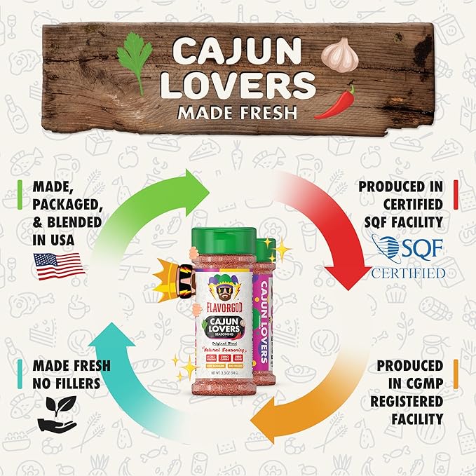 Flavor God 2 Bottles Cajun Lovers Seasoning Mix Natural Healthy Spice Blend For Grilling Chicken Beef Seafood Vegetables Salad Tacos &amp Pizza Kosher Gluten &amp Dairy Free Vegan Keto Frien