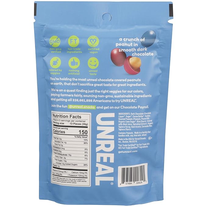UNREAL Dark Chocolate Peanut Gems - Certified Vegan Fair Trade Non-GMO - Made with Gluten Free Ingredients and Colors from Nature - No Sugar Alcohols or Soy - 6 Bags