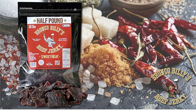 Bronco Billy's Beef Jerky Sweet Heat Half Pound Resealable Bag Spicy &amp Sweet Flavor Hand Cut Hand Strung Hand Packed Made in USA