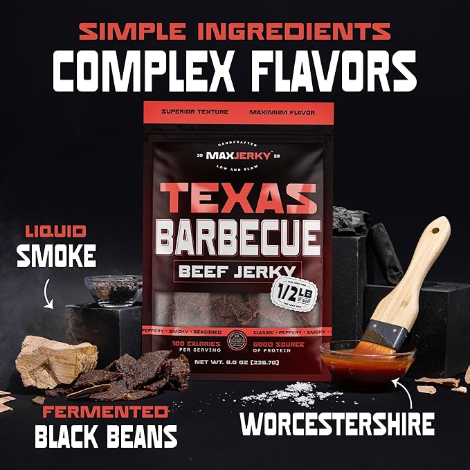 MaxJerky Texas Barbecue Beef Jerky Smoked Pepper Flavored Jerky 88 Grams of Protein 8 OZ (2 Pack)